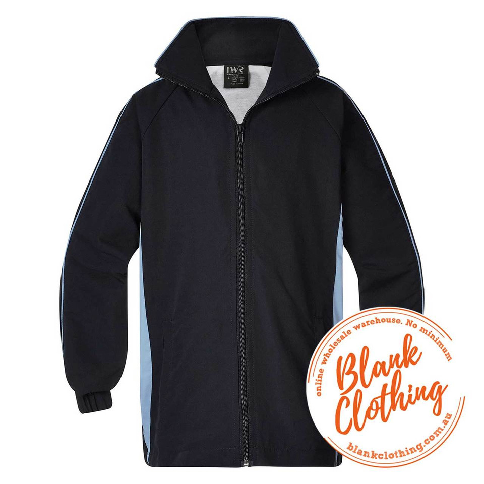 Black hooded sports jacket with sky blue side panels and white piping detail, featuring full zip front