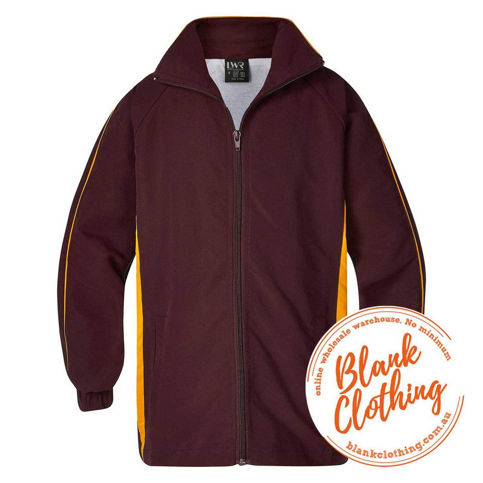 Maroon zip-up sports jacket with gold contrast panels and hood, featuring water-repellent fabric
