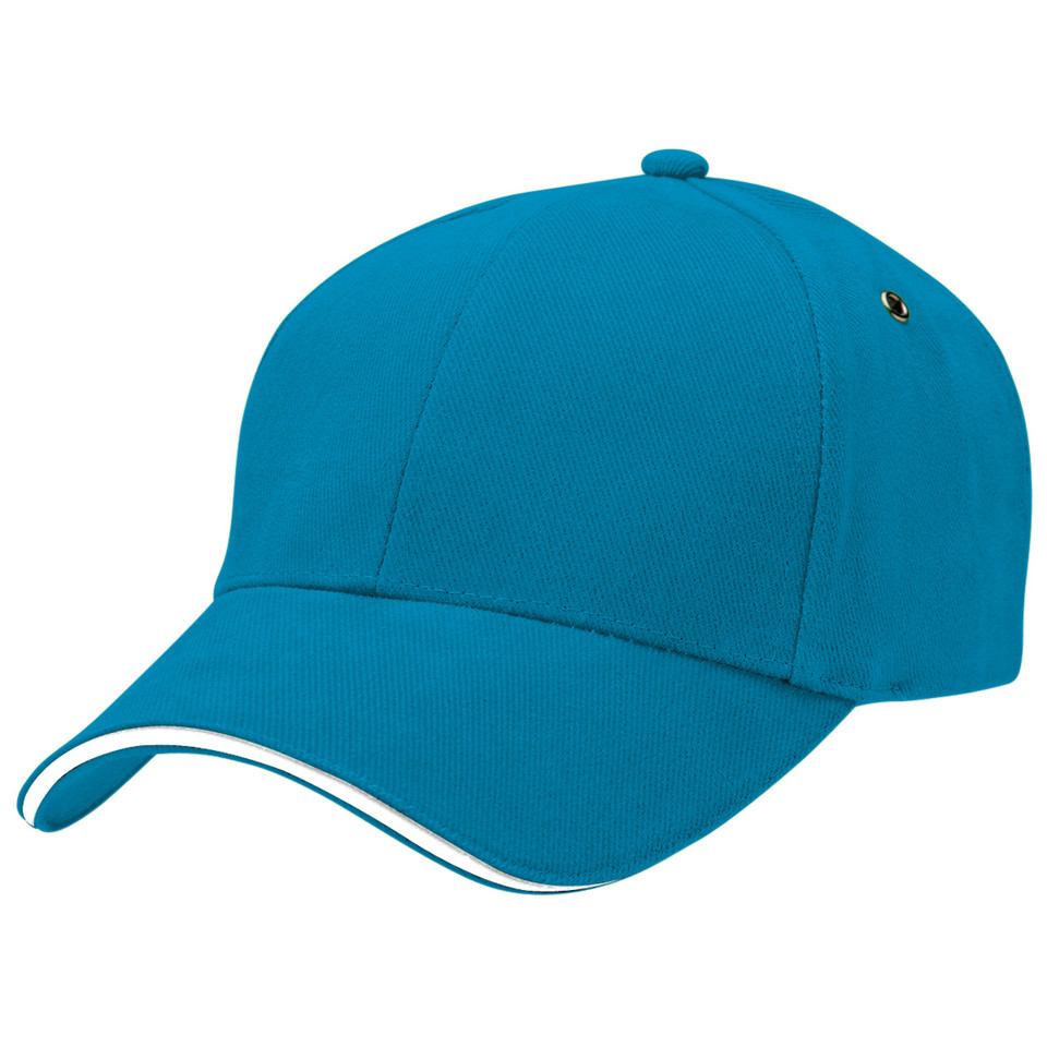 Teal six-panel baseball cap with white sandwich peak trim and side eyelet, smooth crown for decoration