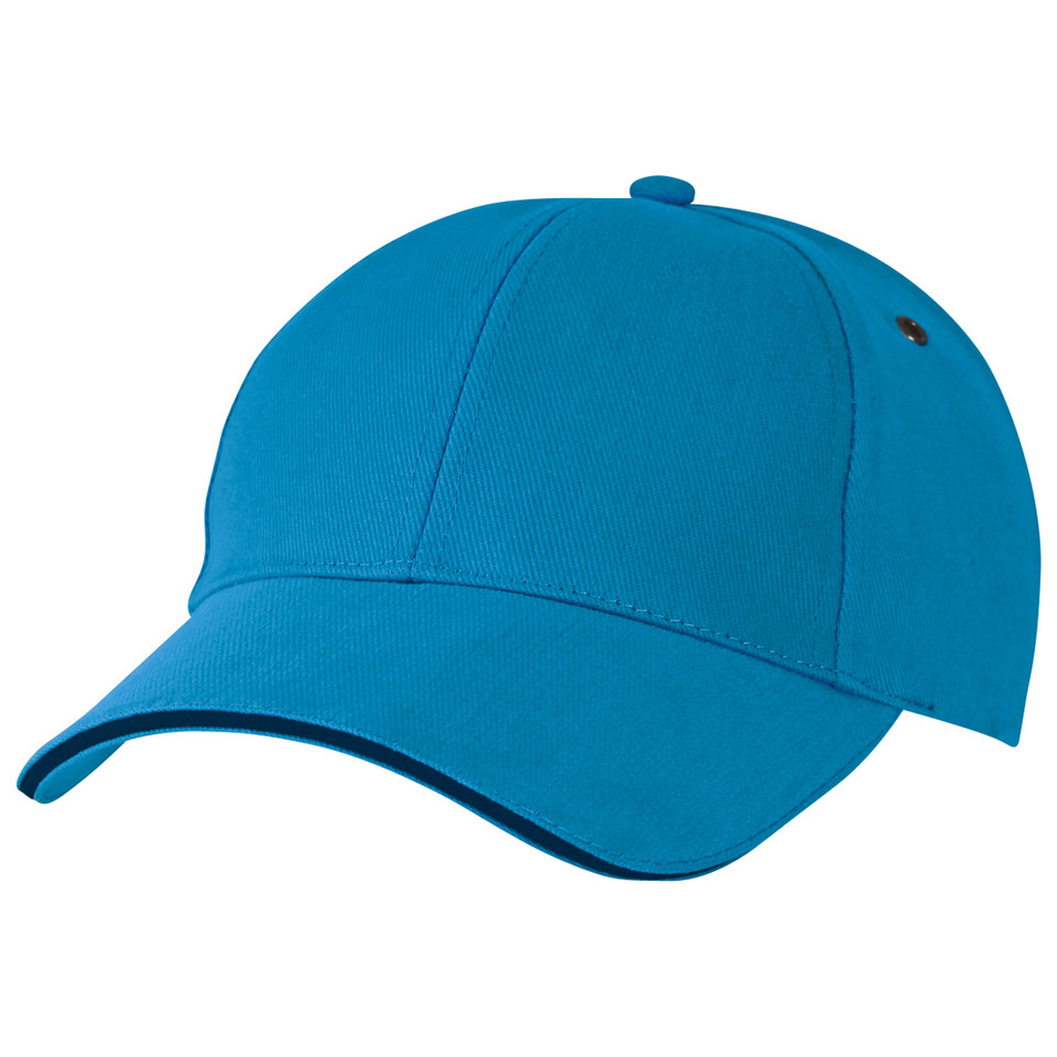 Cyan blue structured baseball cap with navy sandwich peak brim and smooth front panel