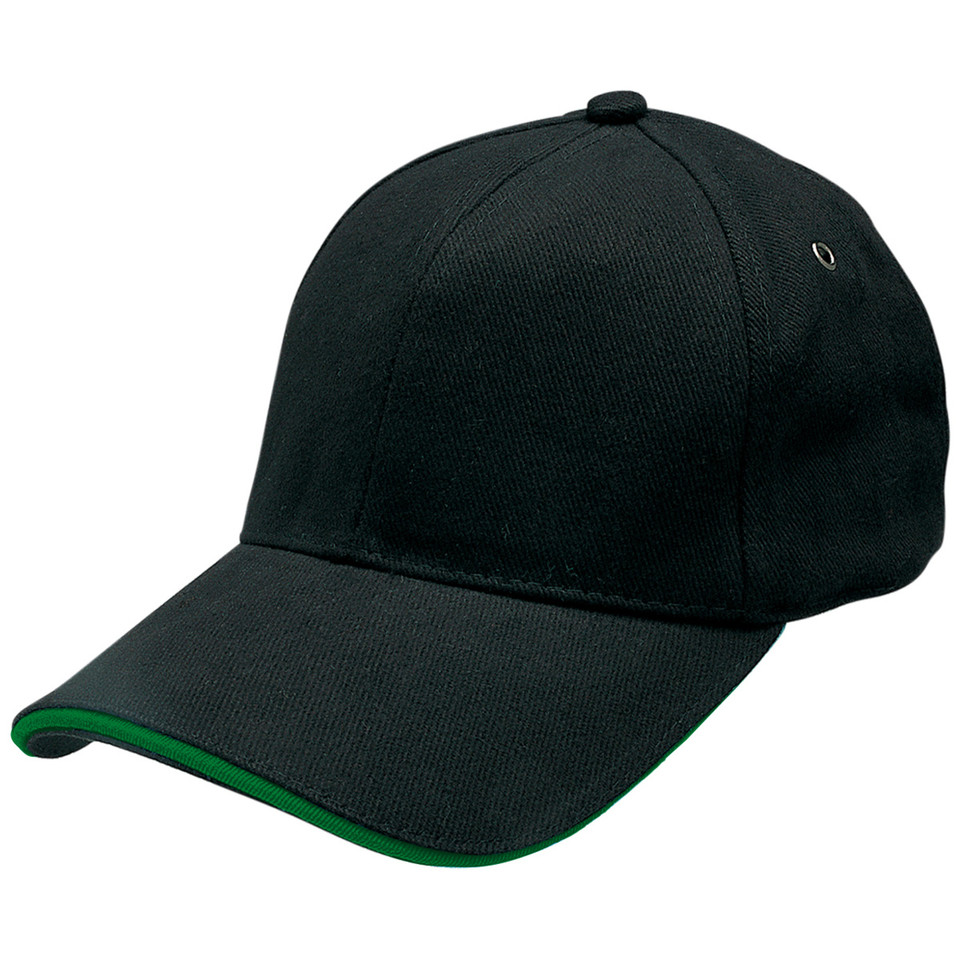 Black structured baseball cap with contrasting kelly green sandwich peak and eyelets