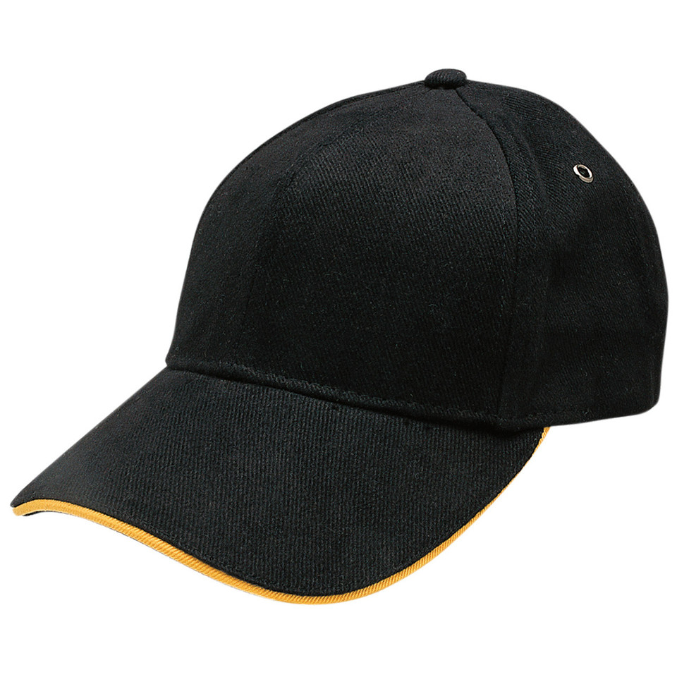 Black baseball cap with gold sandwich peak trim and structured six-panel crown