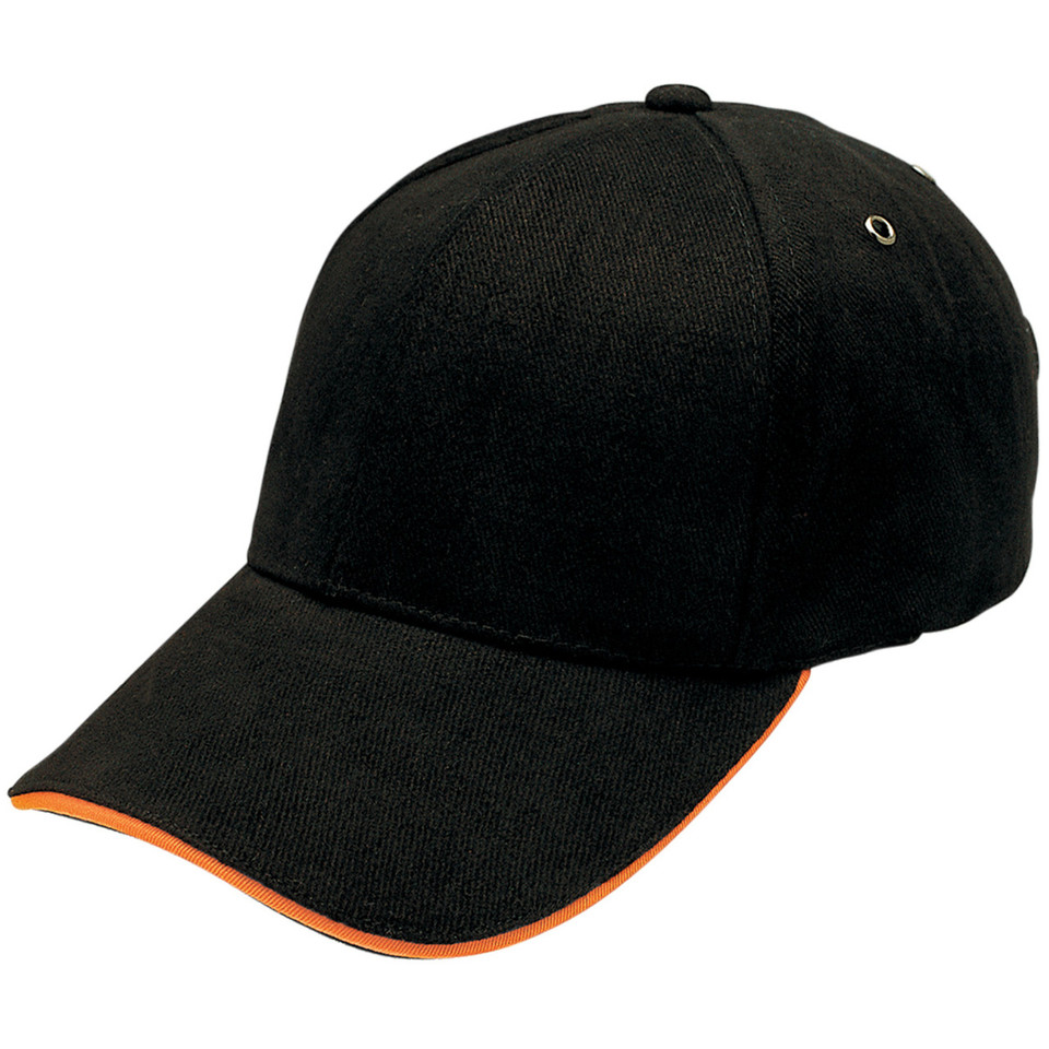 Black six-panel baseball cap with orange sandwich peak trim and silver eyelets