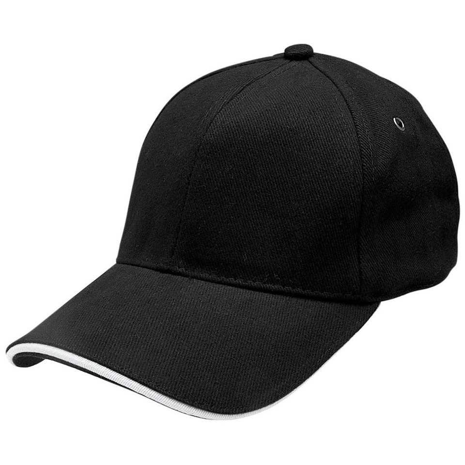 Black structured baseball cap with white sandwich peak trim, six-panel cotton twill construction and eyelets
