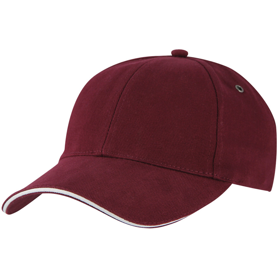 Maroon six-panel baseball cap with white sandwich peak trim and eyelet detail, packshot
