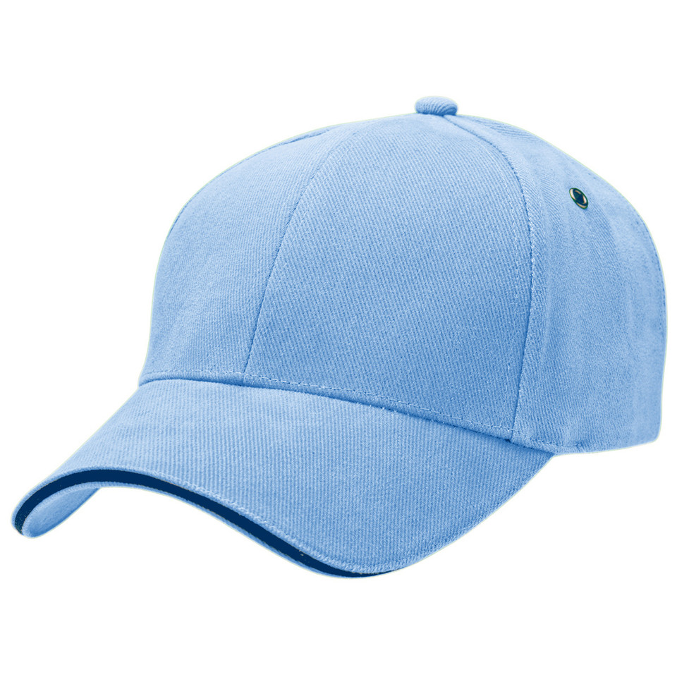 Sky blue six-panel baseball cap with contrasting sandwich peak brim and eyelets, structured crown