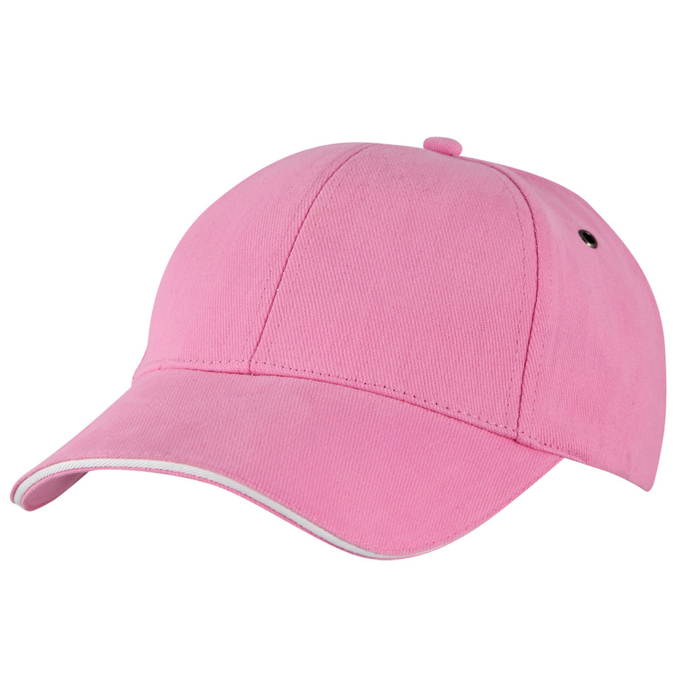Bubblegum pink six-panel baseball cap with white sandwich peak trim and silver eyelet detail