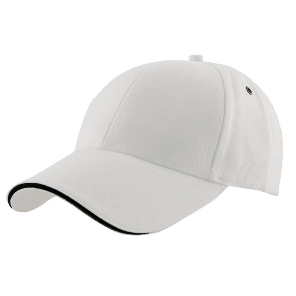 White six-panel baseball cap with black sandwich peak trim, silver eyelet, smooth crown for decoration