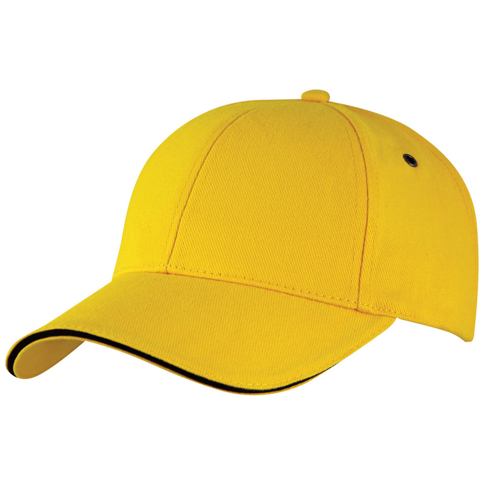 Yellow six-panel baseball cap with black sandwich peak brim, structured crown and metal eyelet