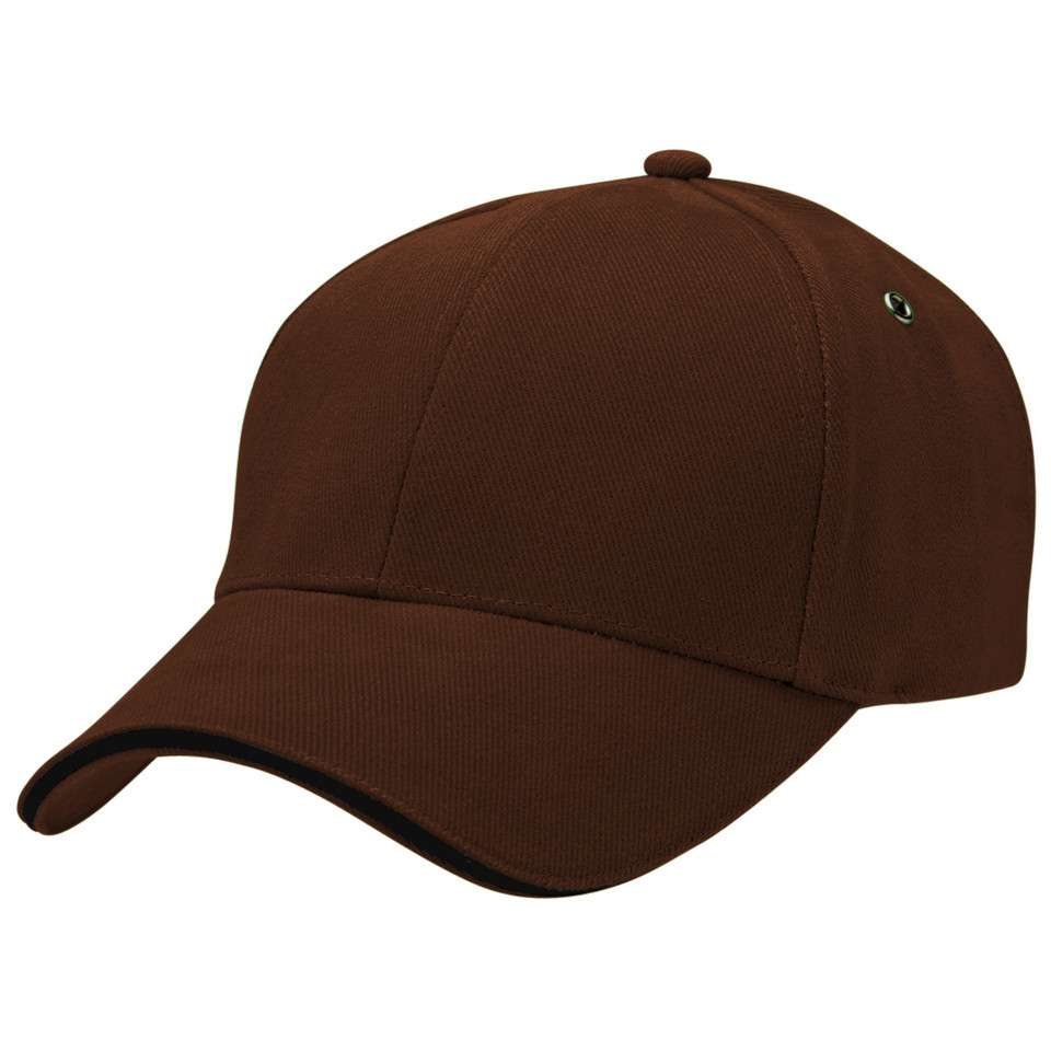 Chocolate brown six-panel baseball cap with black sandwich peak brim and side eyelet
