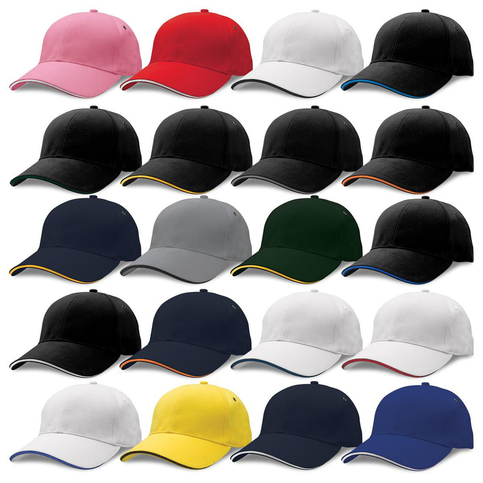 Colour swatch grid of structured baseball caps with contrast sandwich peak trim, shown in pink, red, white, black, navy, grey, bottle green and yellow