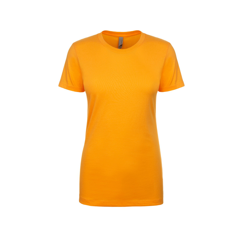 Gold women's crew neck boyfriend fit tee, short sleeves, smooth flat front panel, packshot on white