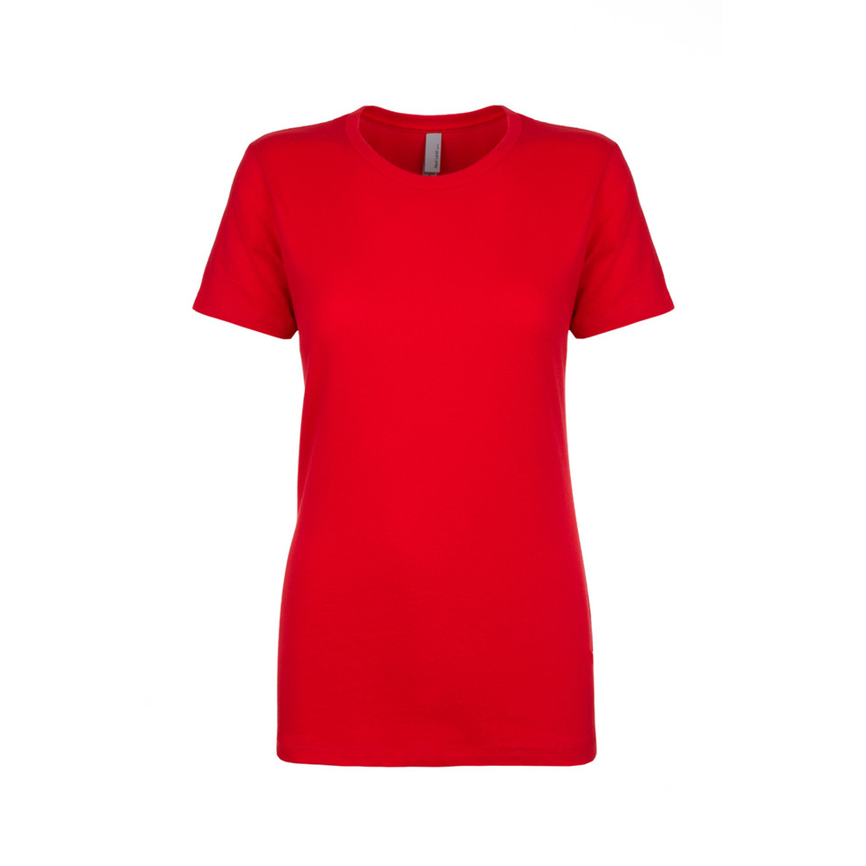 Red women's boyfriend-fit crew neck tee, short sleeves, flat front panel, relaxed silhouette