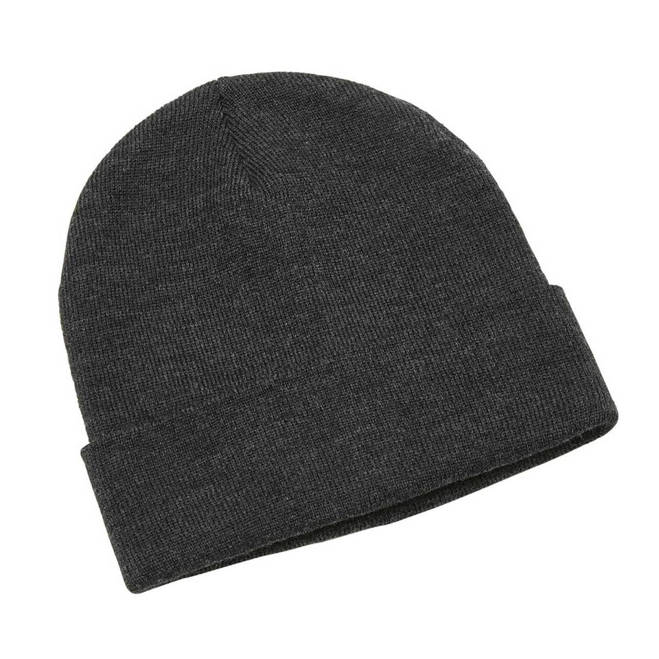 Charcoal heather knit beanie with turned-up cuff and ribbed texture