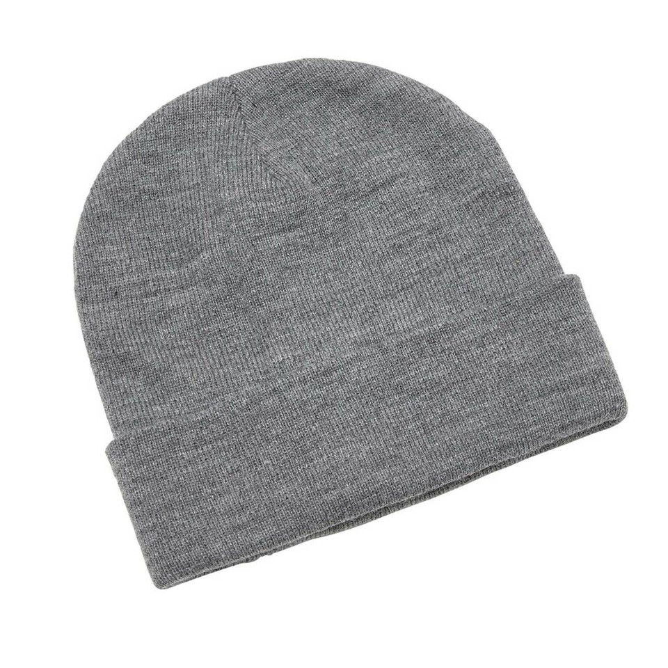Grey marle ribbed knit beanie with turned-up cuff and flat embroidery panel