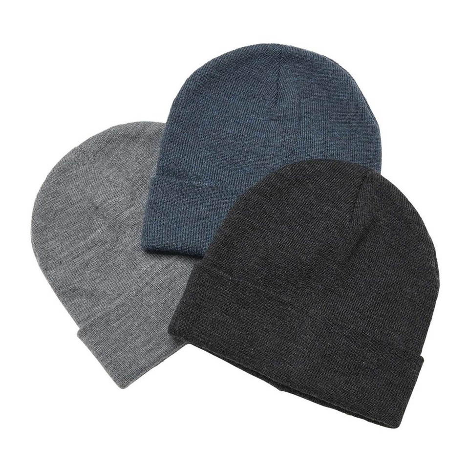 Three ribbed knit cuffed beanies in charcoal, mid grey and slate blue heather