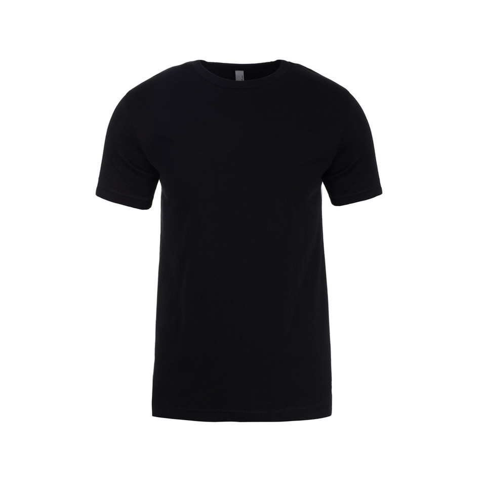 Black crew neck t-shirt with short sleeves and smooth cotton-poly blend fabric