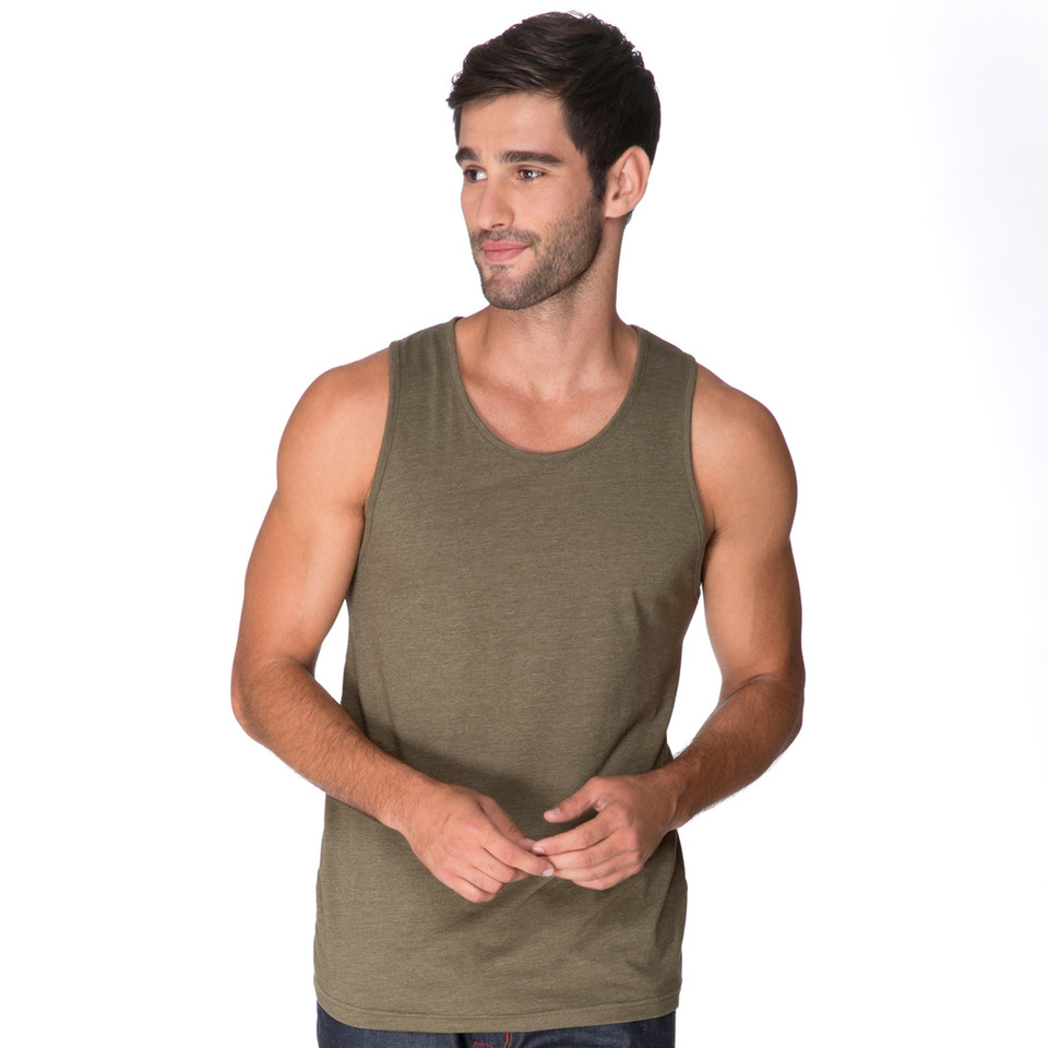 Olive green sleeveless tank top with crew neck and tear away label on male model