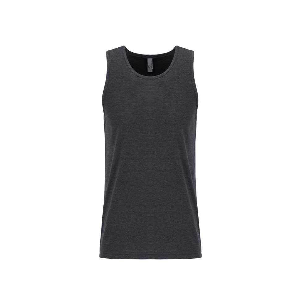Charcoal heather grey men's sleeveless tank top with crew neckline and relaxed fit on white background