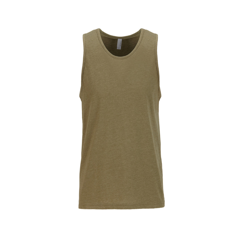 Olive green sleeveless tank top with round neckline and relaxed fit on white background