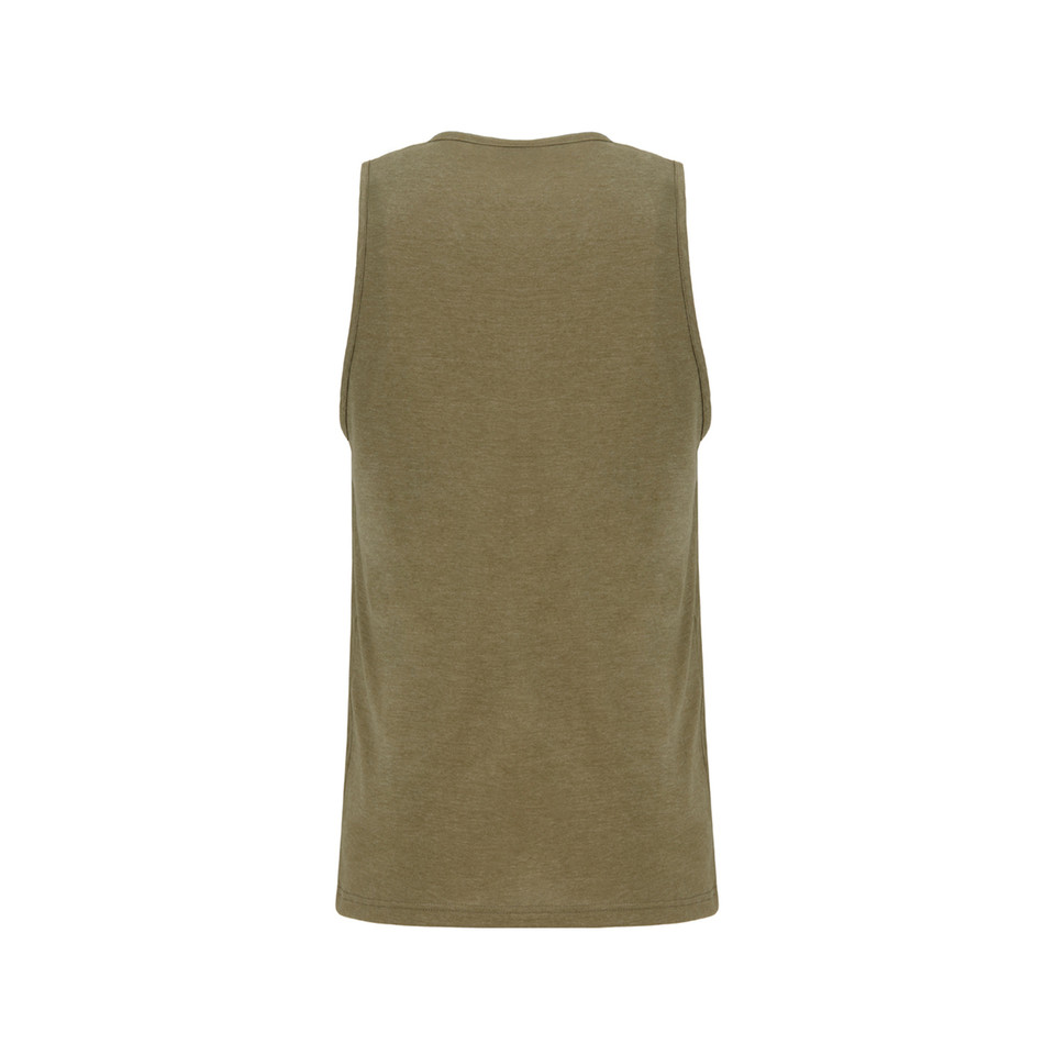 Olive green sleeveless tank top with ribbed crew neckline and armholes, showing back view with tear away label