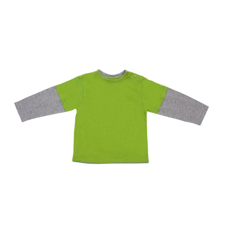 Lime green kids tee with contrast grey long sleeves and neckline trim in layered-look style