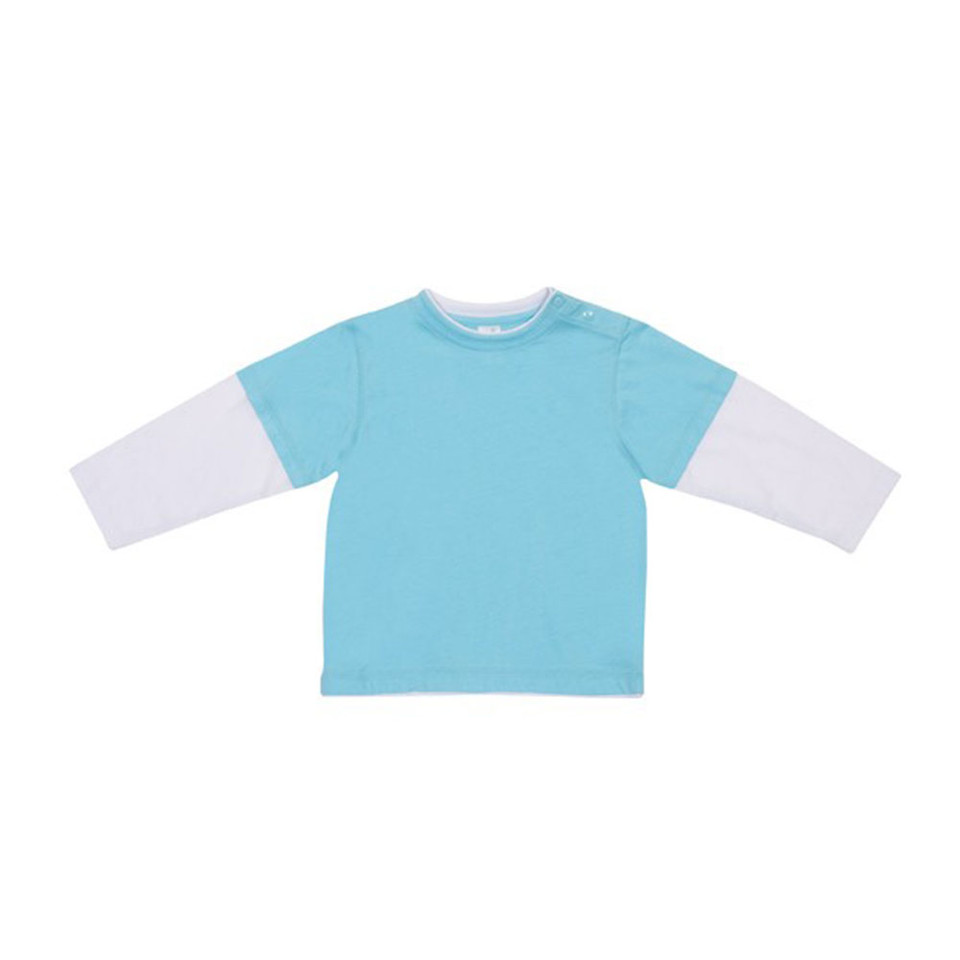Sky blue kids tee with white long sleeve underlayer creating a layered look with contrasting sleeves