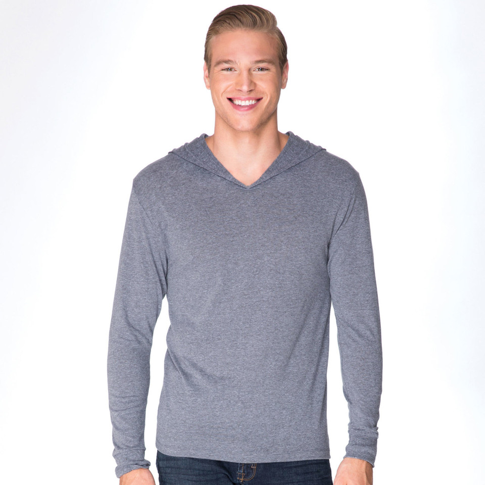 Heather grey tri-blend long sleeve hooded tee with V-neck on model