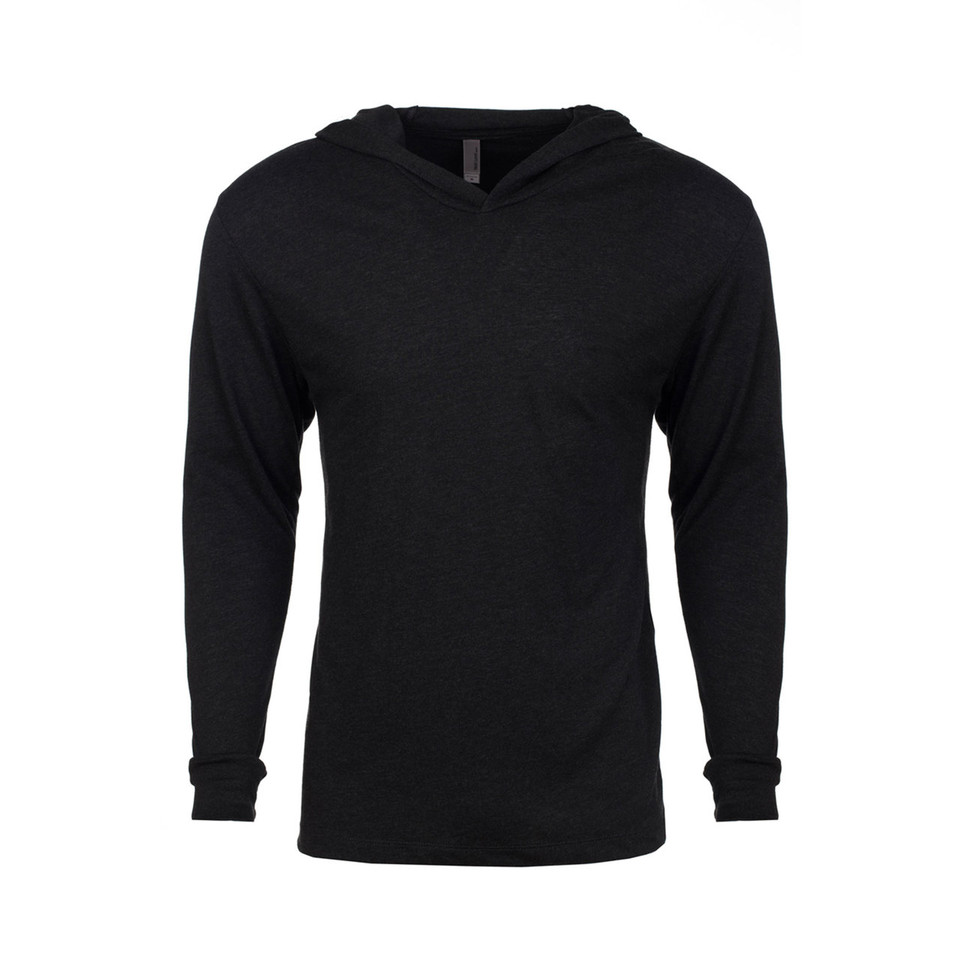 Black vintage tri-blend hooded long sleeve tee with ribbed cuffs and smooth front panel for decoration