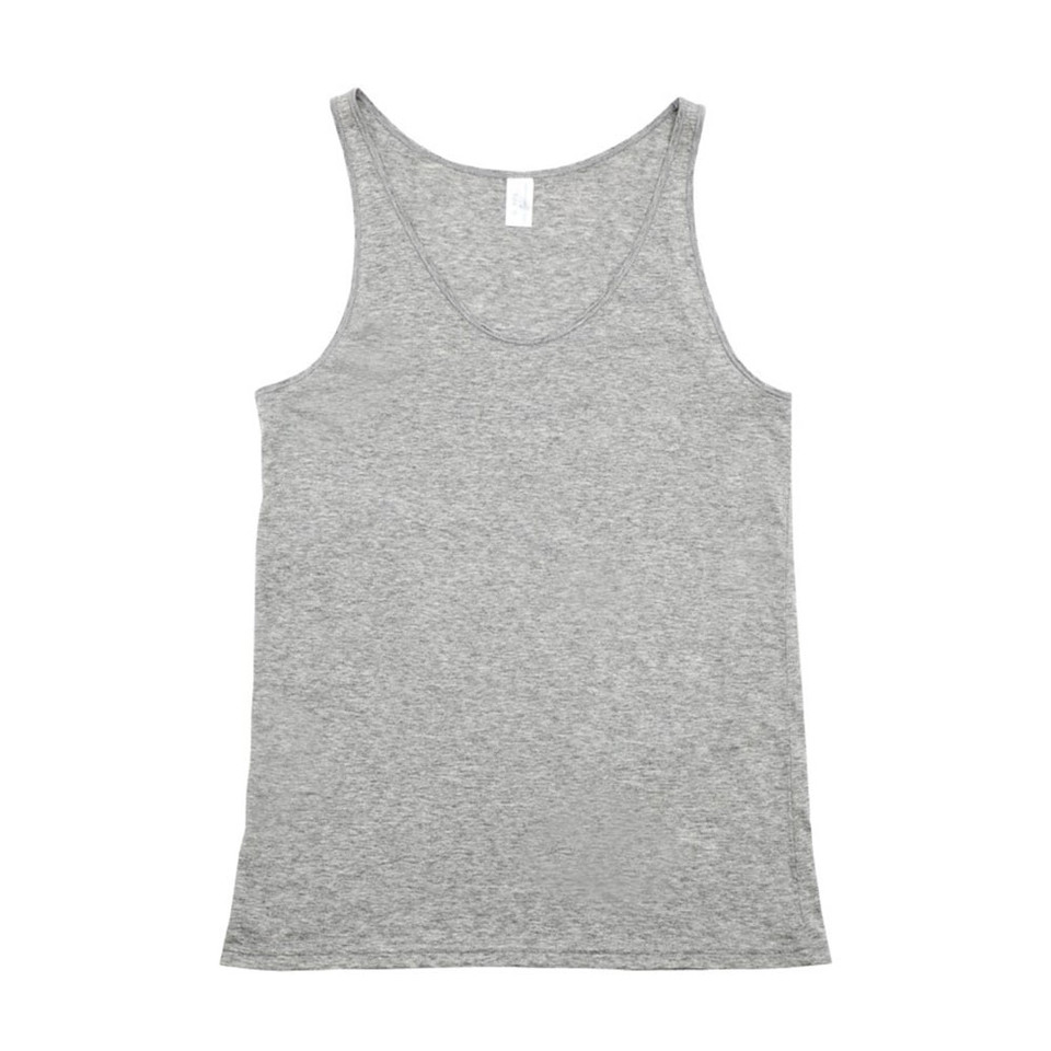 Grey marle singlet with scoop neckline and wide shoulder straps on white background