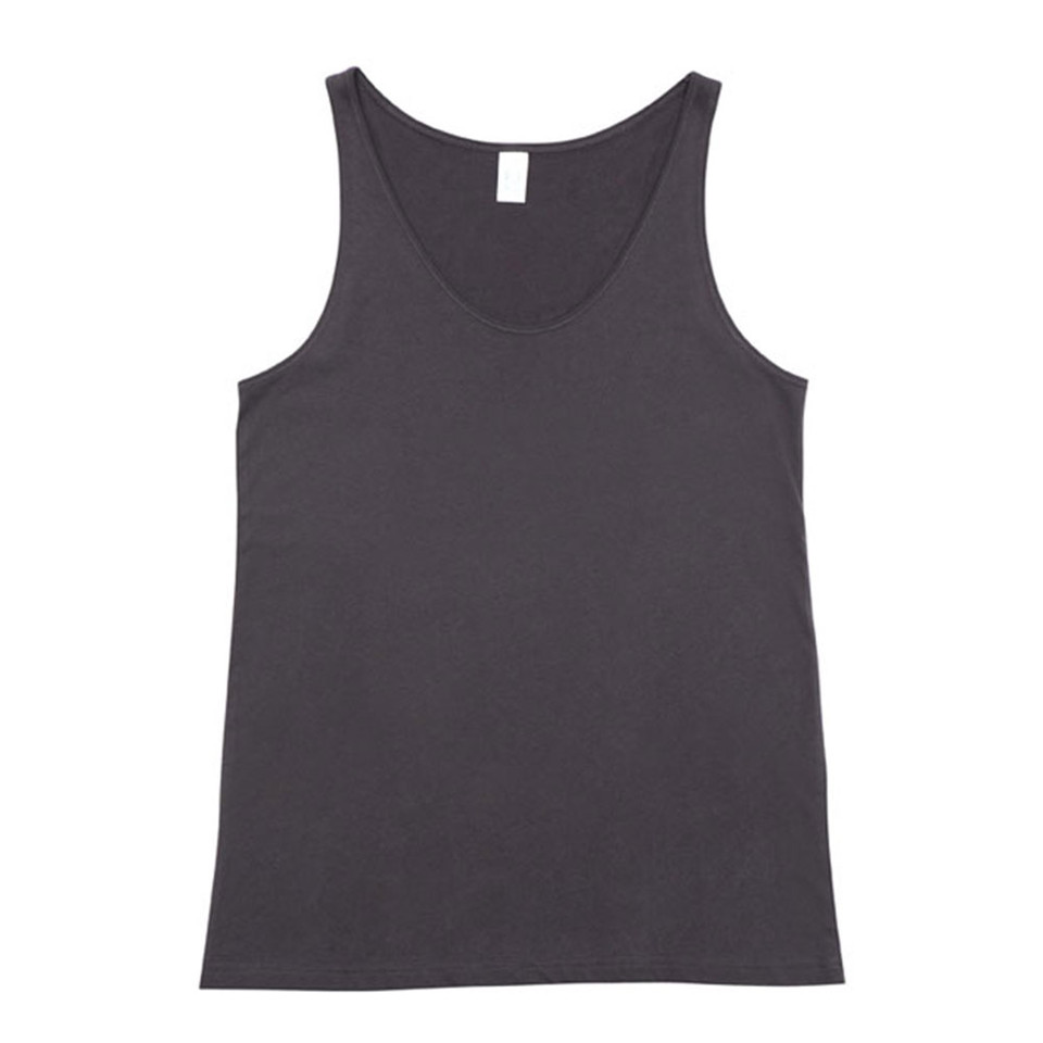 Charcoal grey men's singlet with scoop neckline and wide shoulder straps on white background