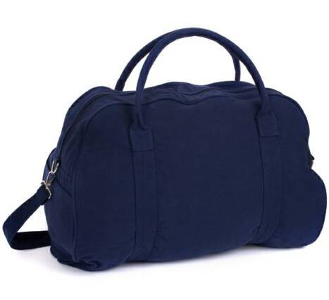 Navy blue canvas Oxford duffle bag with dual top handles, scalloped top edge, side panels, and adjustable shoulder strap