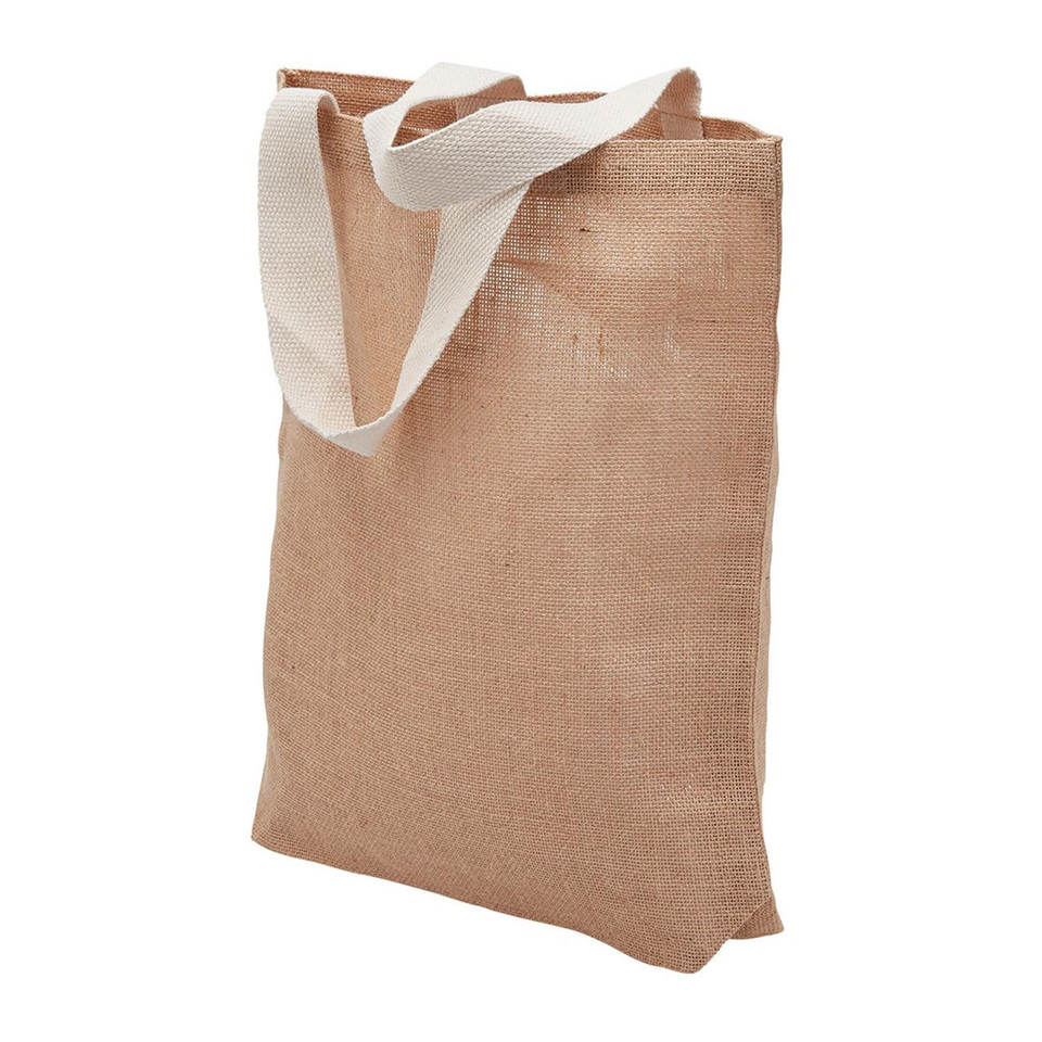 Natural tan jute tote bag with cream cotton webbing handles, open top, textured woven body