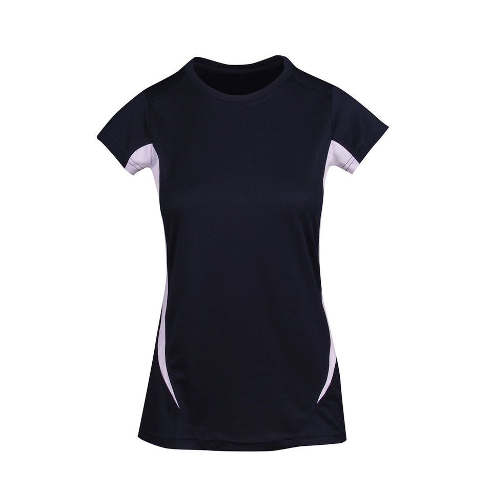 Navy quick-dry tee with contrast white side panels and lavender sleeves for decoration