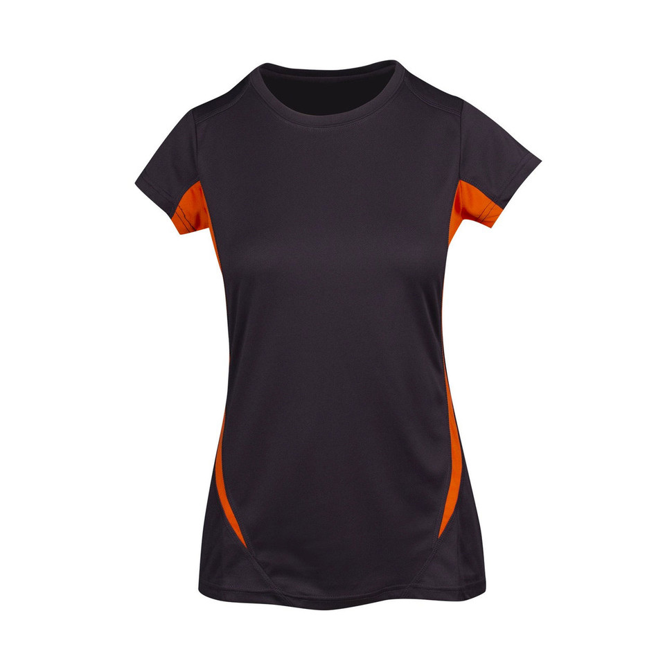 Charcoal grey women's quick dry tee with orange contrast panels on sleeves and sides