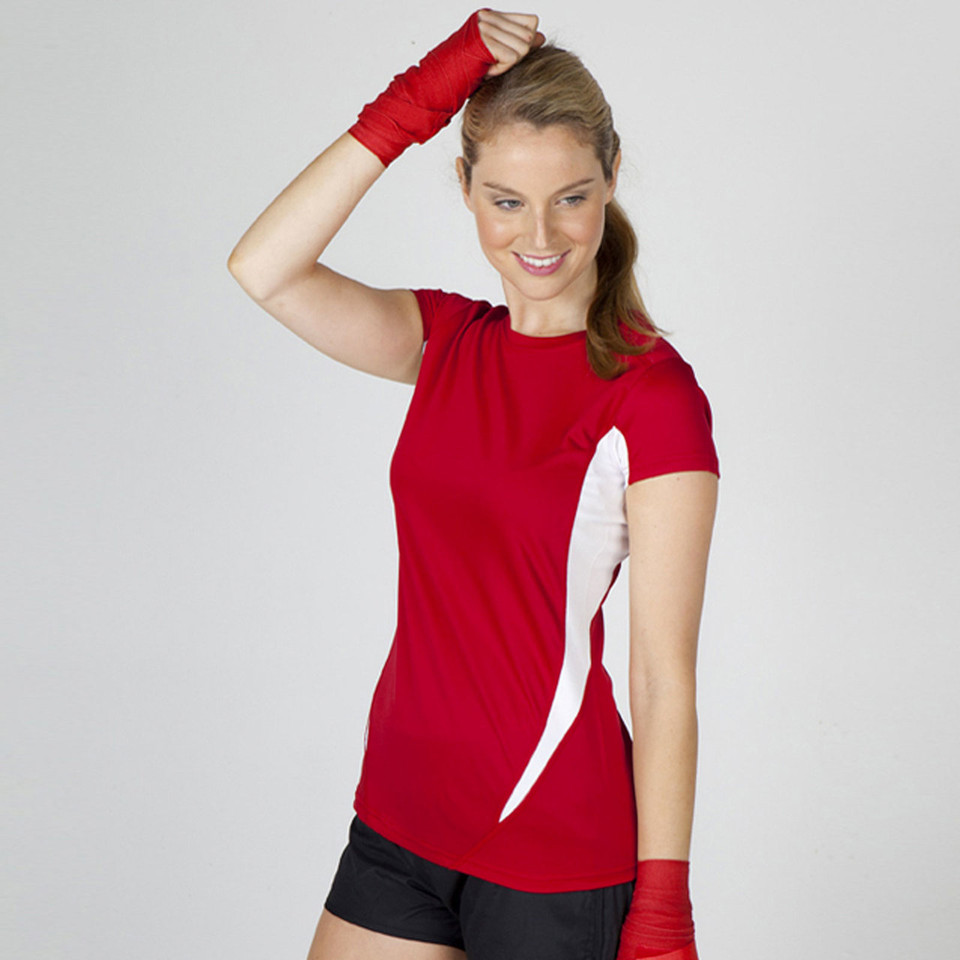 Scarlet red women's quick-dry athletic tee with white contrast side panels and short sleeves