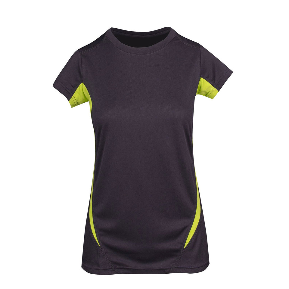 Charcoal grey women's performance tee with lime contrast panels at sleeves and sides