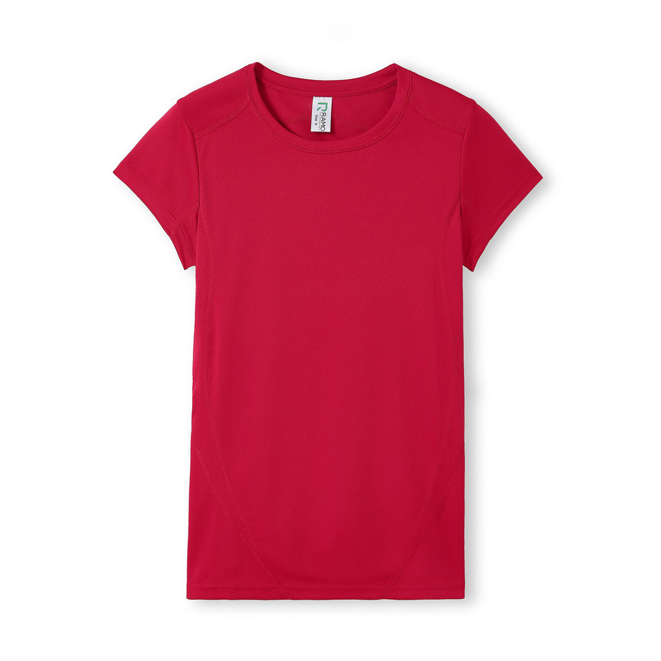 Crimson red women's slim-fit crew neck tee with short sleeves and smooth flat front panel