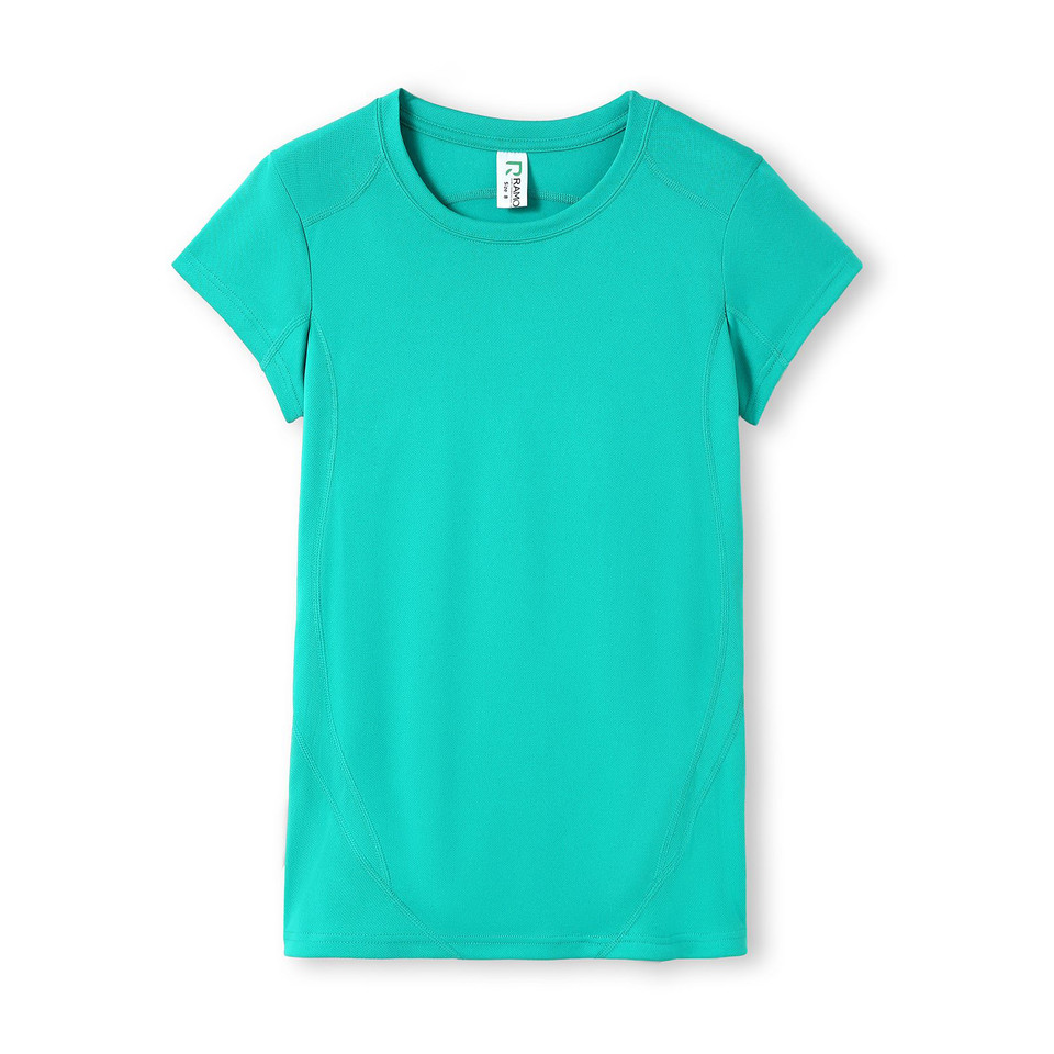Jade green women's quick dry crew neck tee with contrast seam detailing at raglan shoulders and curved hem