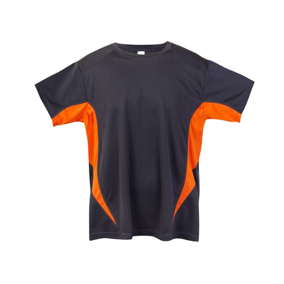 Charcoal grey quick dry tee with orange contrast side panels and sleeves on flat lay