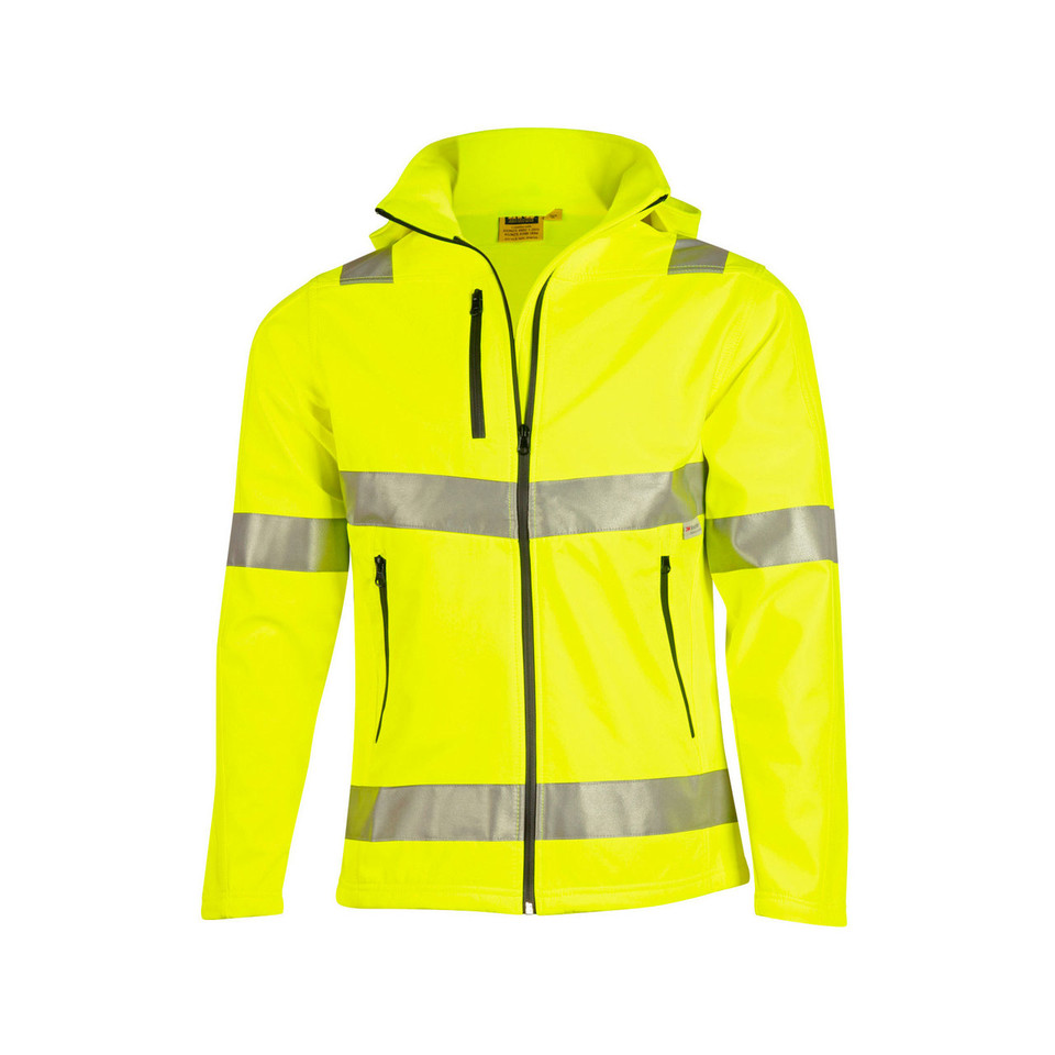 Yellow MOVER Hi-Vis Heavy Duty Softshell Jacket featuring a windproof and water-resistant outer shell, 3M-style reflective tape for night visibility, and a warm fleece lining for industrial workwear safety.