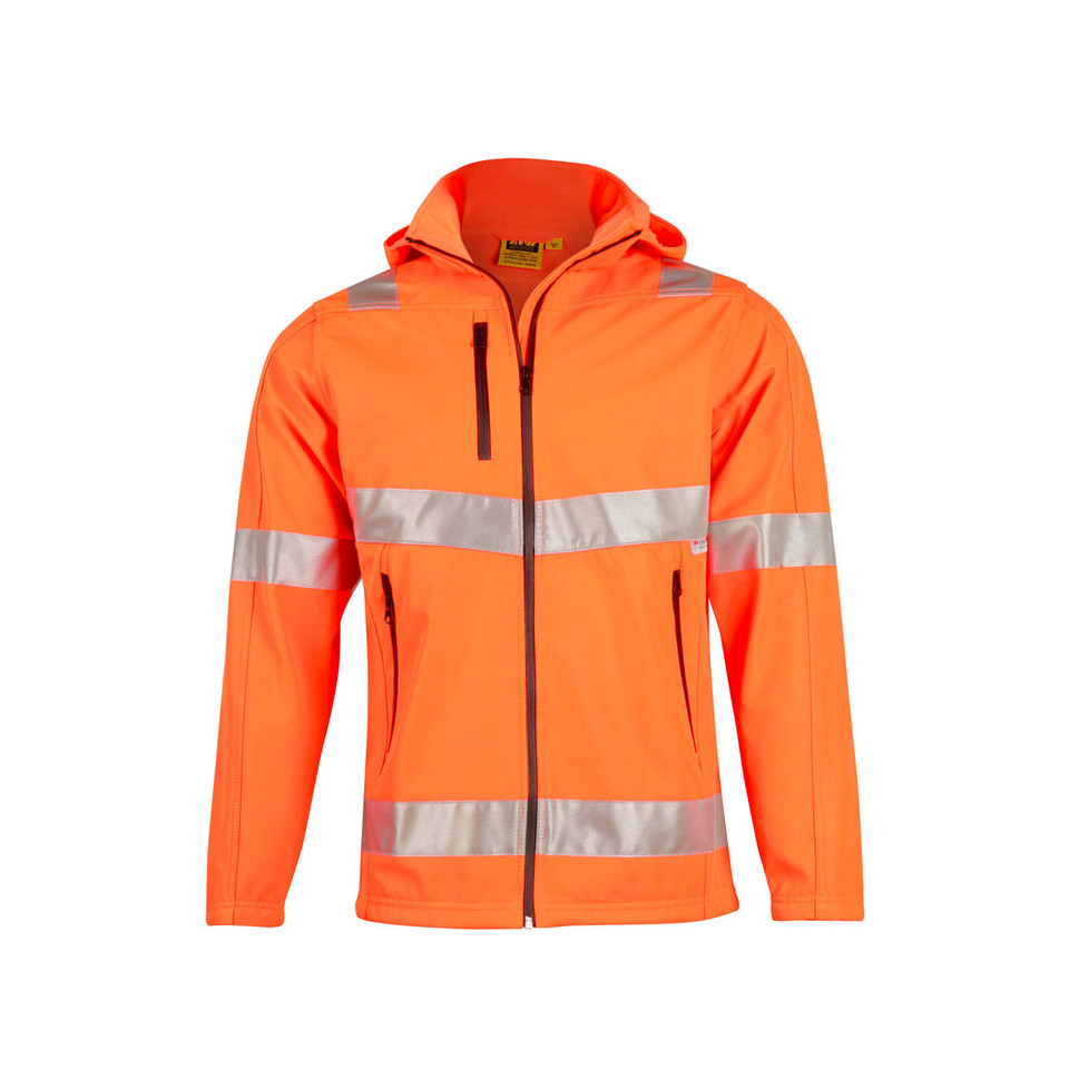 Fluorescent orange softshell jacket with hood, reflective silver tape across chest and waist, and zip chest pocket