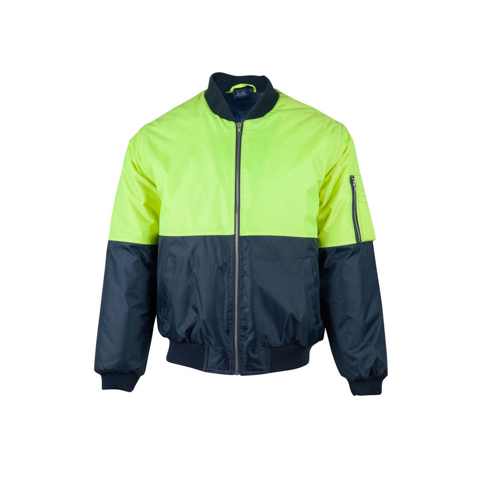 Safety yellow and navy two-tone bomber jacket with full zip front and sleeve pocket