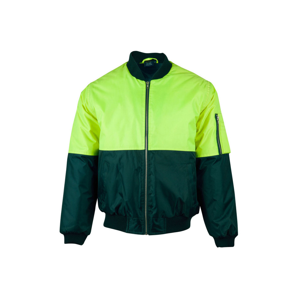 Hi-vis two-tone flying jacket in fluoro yellow and bottle green with zip front, rib cuffs and sleeve zip pocket