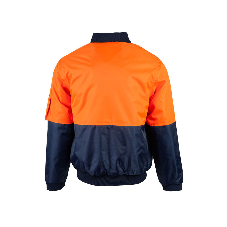 Back view of hi-vis two-tone flying jacket in orange and navy with ribbed cuffs and hem, sleeve pocket