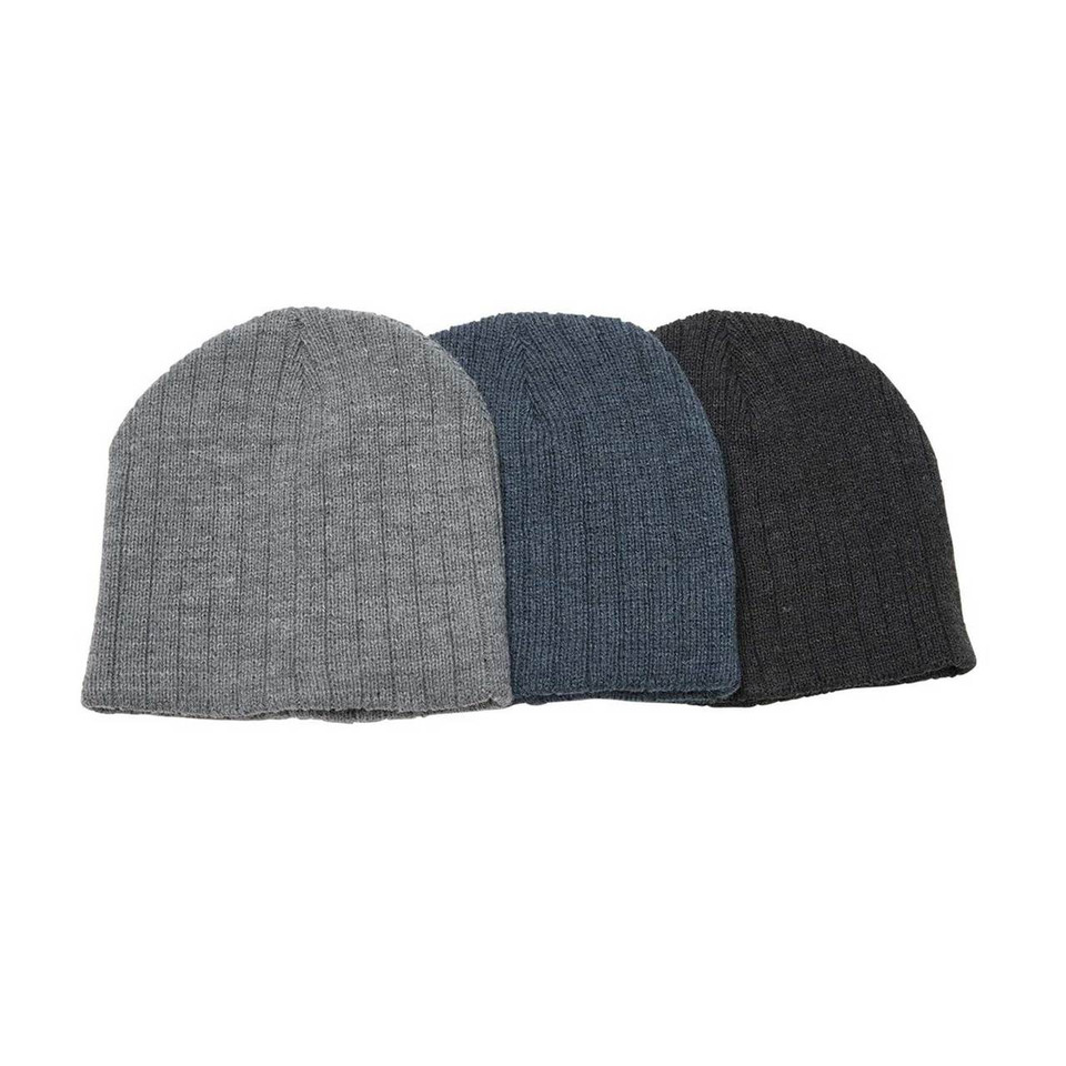 Three cable knit beanies in heather grey, navy blue, and charcoal with ribbed texture