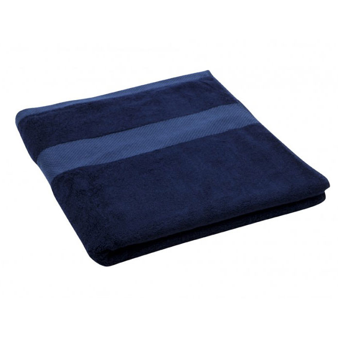 Navy blue bamboo cotton bath towel with contrast mid-blue stripe detail folded flat