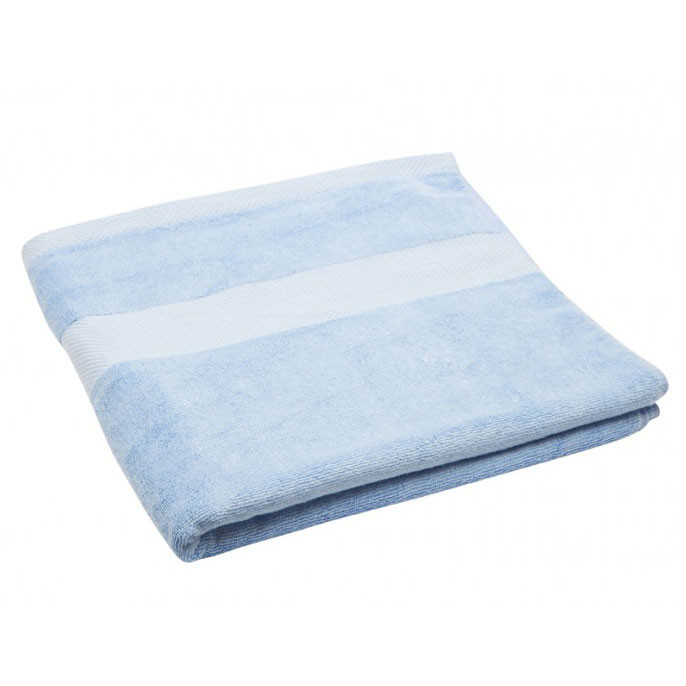 Light blue bamboo cotton bath towel with white horizontal stripe detail folded to display texture