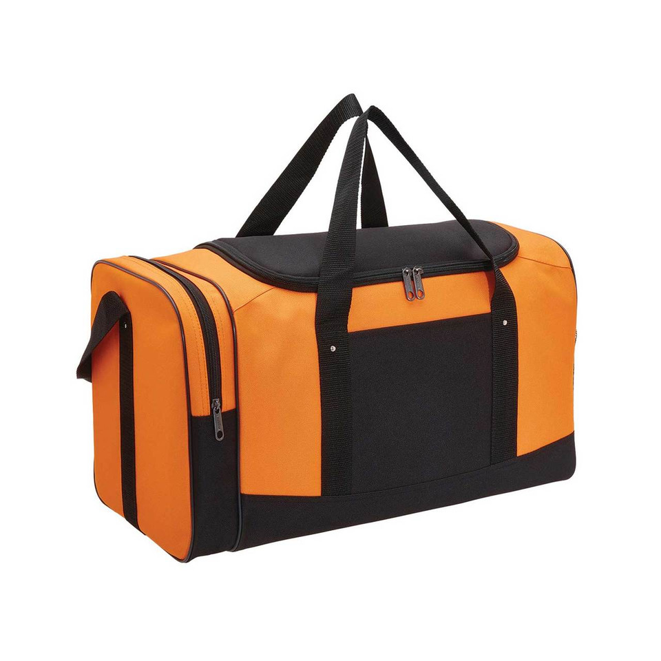 Orange and black duffle sports bag with dual carry handles and multiple zippered compartments