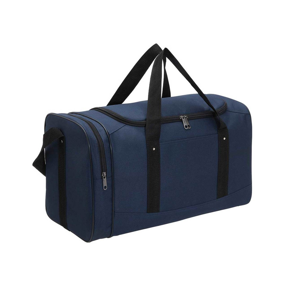 Navy blue duffle sports bag with black handles and contrast trim featuring multiple zippered compartments